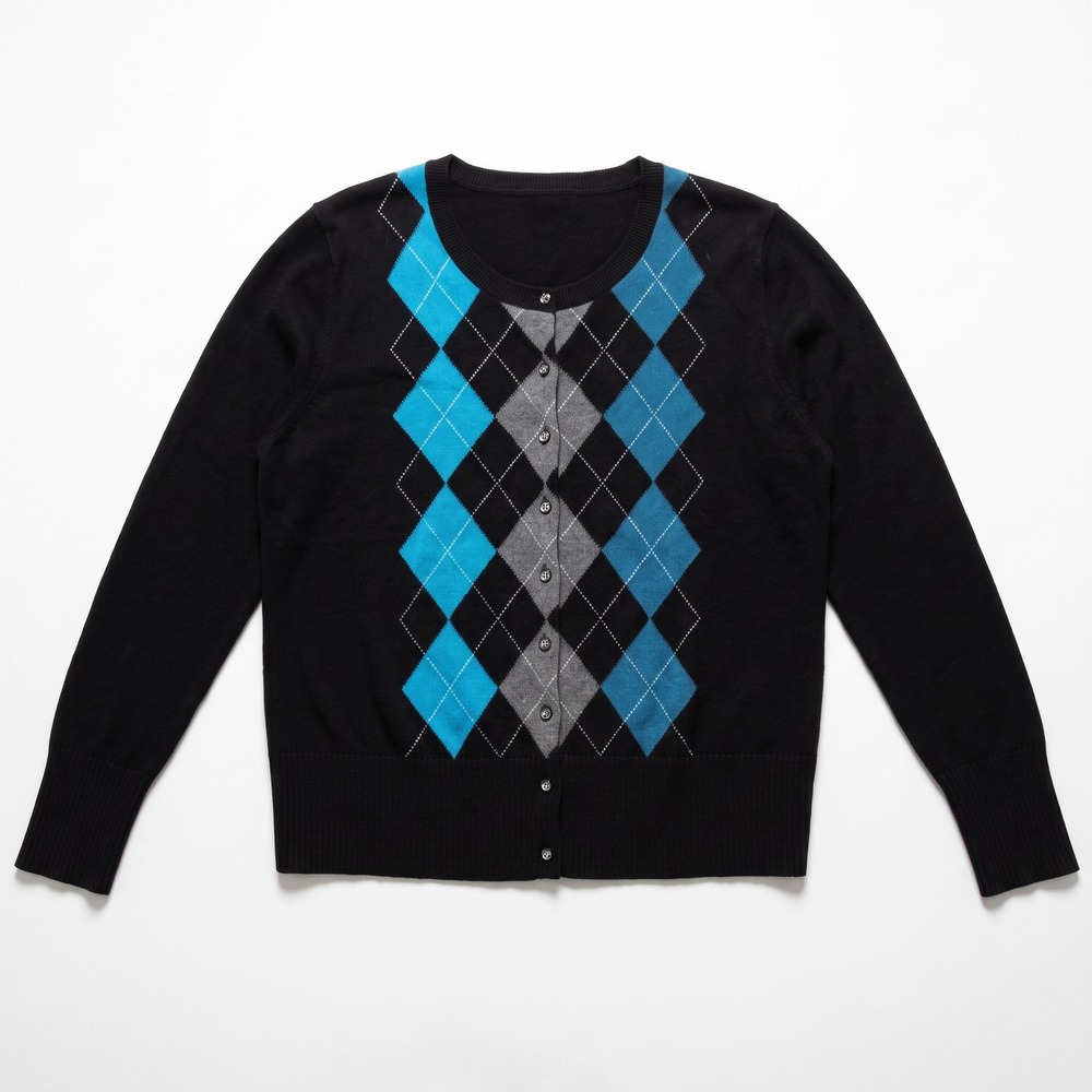 Apt. 9 XL Womens Black Blue Gray Argyle 100% Cashmere Cardigan Preppy